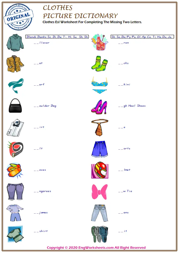 Clothes Esl Worksheet For Completing The Missing Two Letters. Worksheet Preview