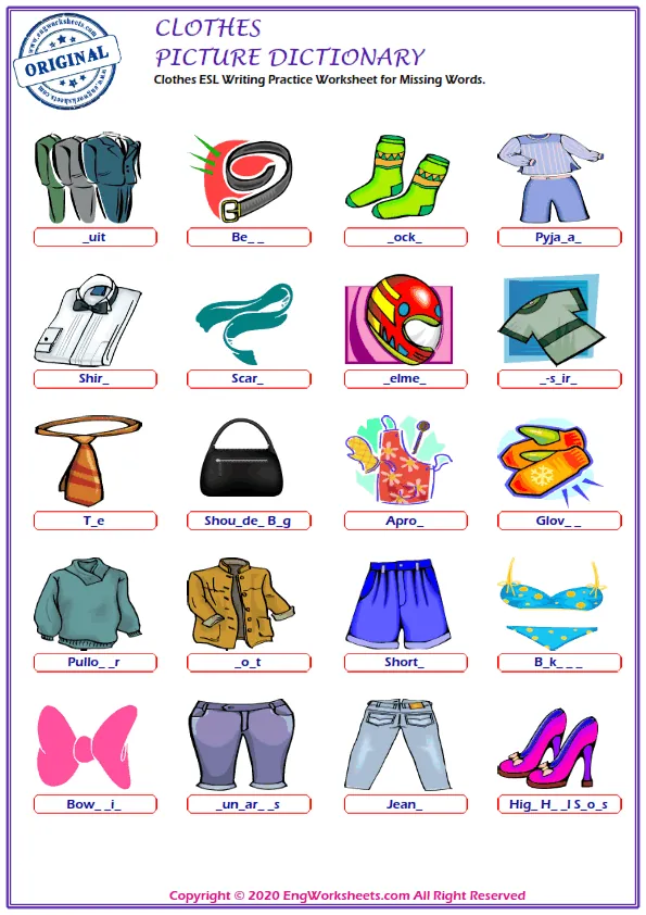 Clothes ESL Writing Practice Worksheet for Missing Words.
