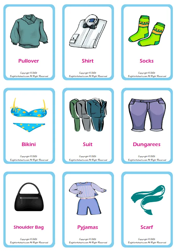 Clothes vocabulary worksheet with words, nine images per page