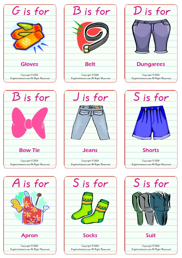 Clothes vocabulary worksheet with words, nine images per page