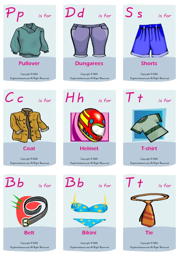 Clothes vocabulary worksheet with words, nine images per page