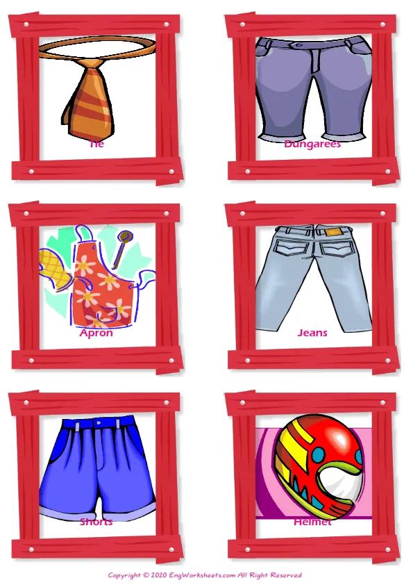Clothes vocabulary worksheet with words, six images per page