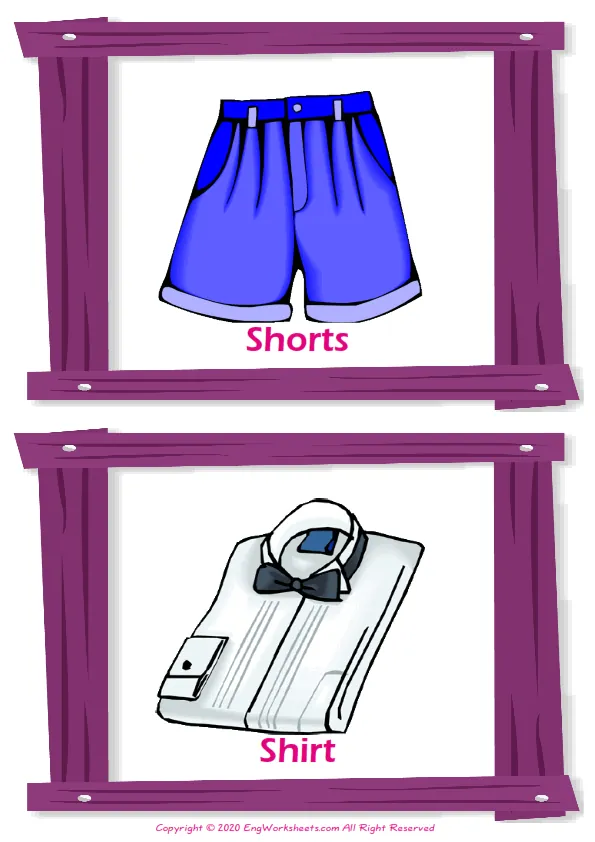 Clothes vocabulary worksheet with words, two images per page