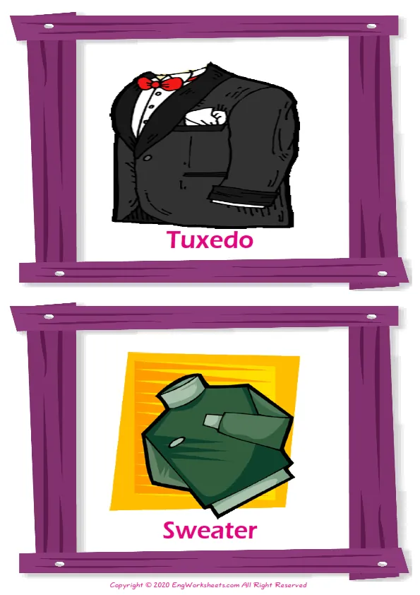 Clothes vocabulary worksheet with words, two images per page Worksheet Preview