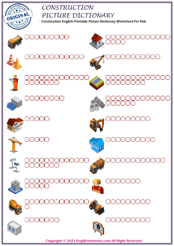Construction English Printable Picture Dictionary Worksheet For Kids Worksheet Preview