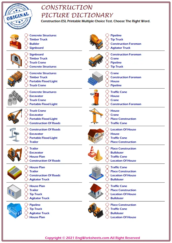 Construction ESL Printable Multiple Choice Test. Choose The Right Word. Worksheet Preview