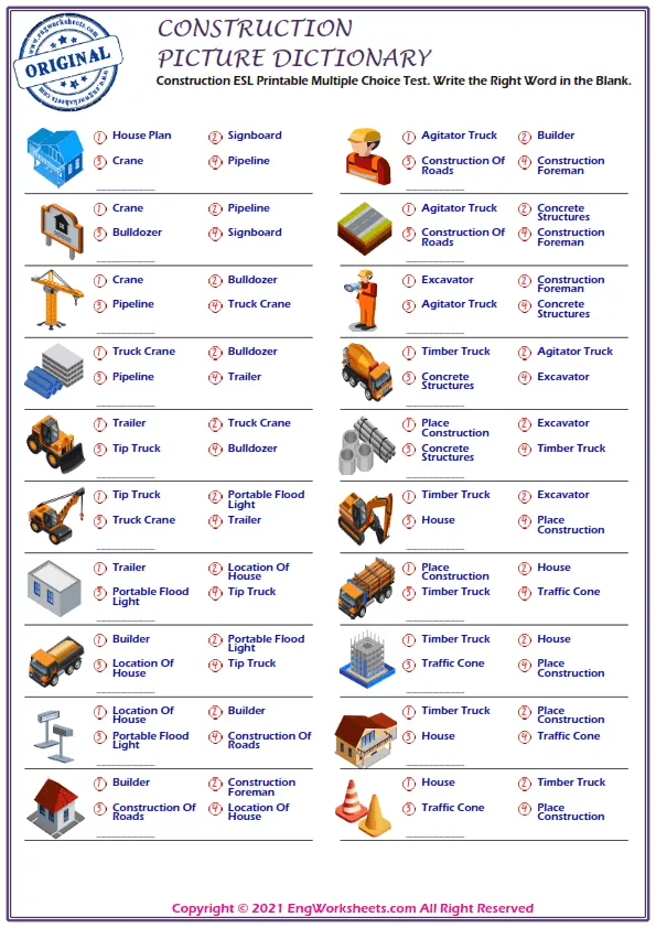 Construction ESL Printable Multiple Choice Test. Write the Right Word in the Blank. Worksheet Preview