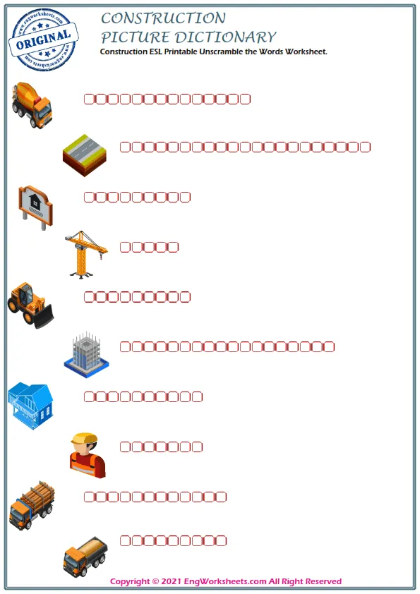 Construction ESL Printable Unscramble the Words Worksheet. Worksheet Preview