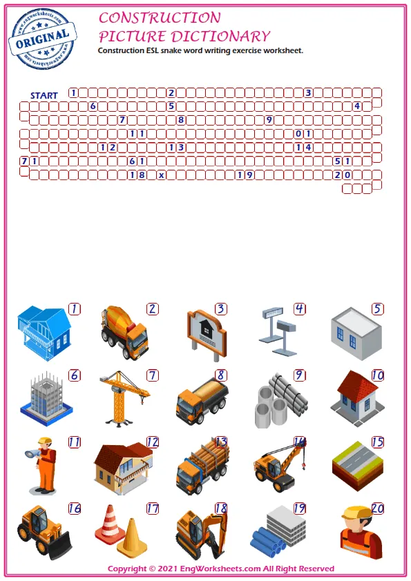 Construction ESL snake word writing exercise worksheet.