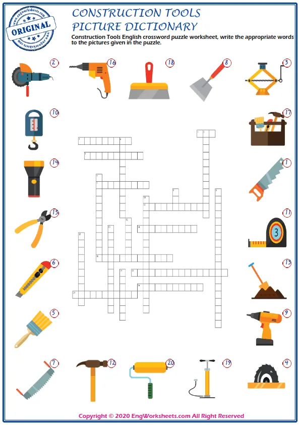 Construction Tools English crossword puzzle worksheet, write the appropriate words to the pictures given in the puzzle. Worksheet Preview