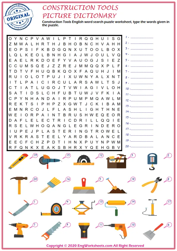 Construction Tools English word search puzzle worksheet, type the words given in the puzzle. Worksheet Preview