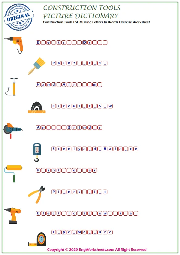 Construction Tools ESL Missing Letters In Words Exercise Worksheet Worksheet Preview