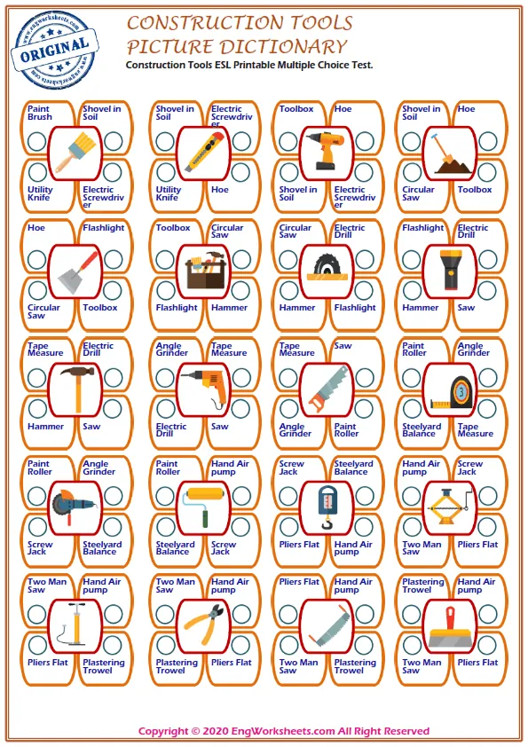 Construction Tools ESL Printable Multiple Choice Test. Worksheet Preview