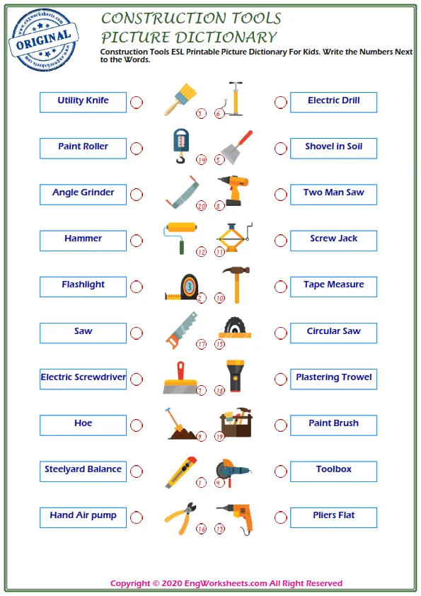 Construction Tools ESL Printable Picture Dictionary For Kids. Write the Numbers Next to the Words. Worksheet Preview