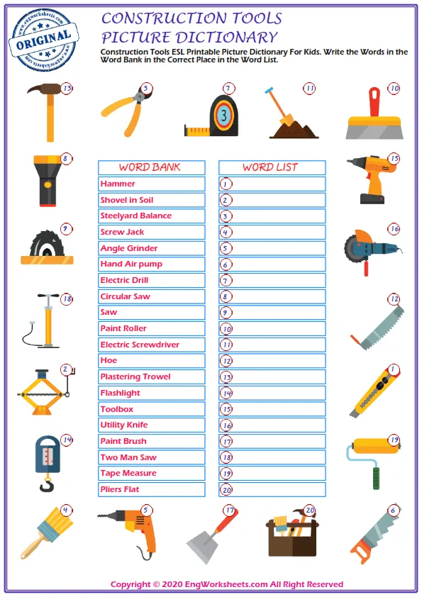 Construction Tools ESL Printable Picture Dictionary For Kids. Write the Words in the Word Bank in the Correct Place in the Word List. Worksheet Preview