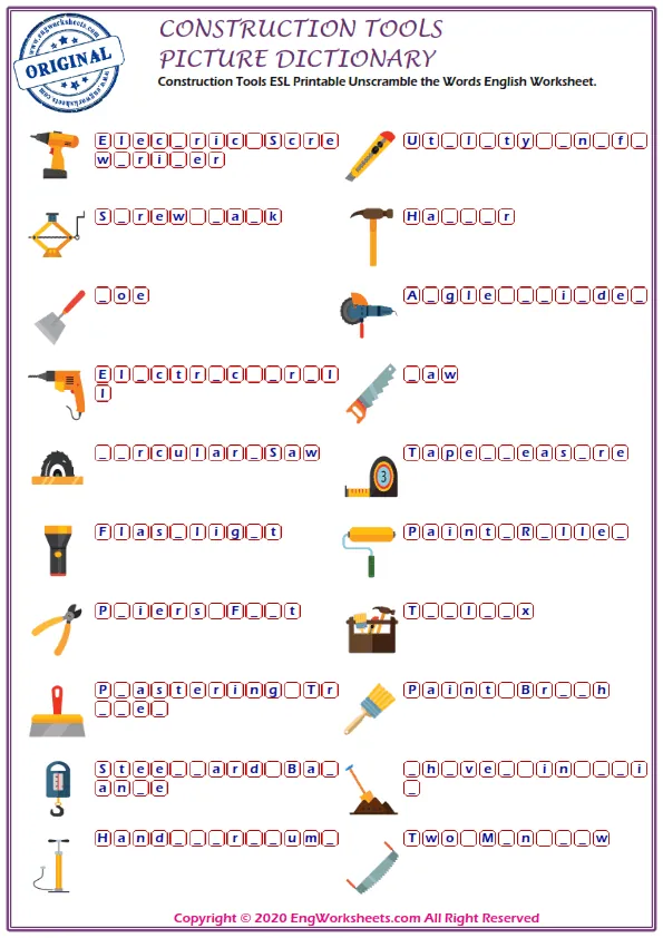 Construction Tools ESL Printable Unscramble the Words English Worksheet.