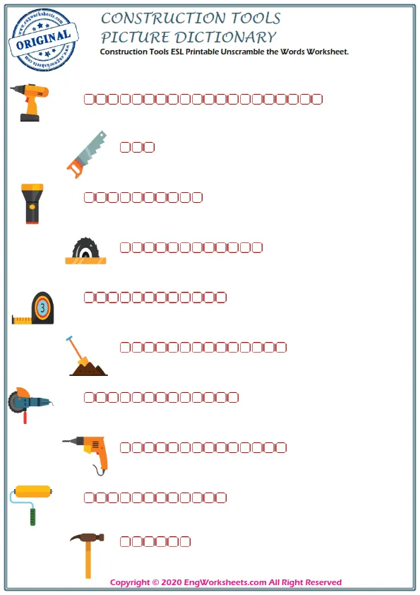 Construction Tools ESL Printable Unscramble the Words Worksheet.
