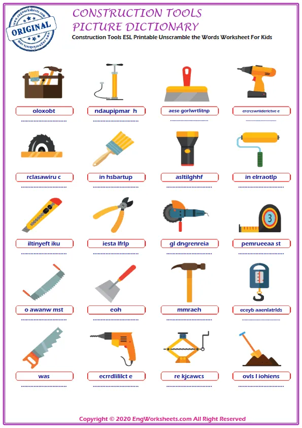 Construction Tools ESL Printable Unscramble the Words Worksheet For Kids