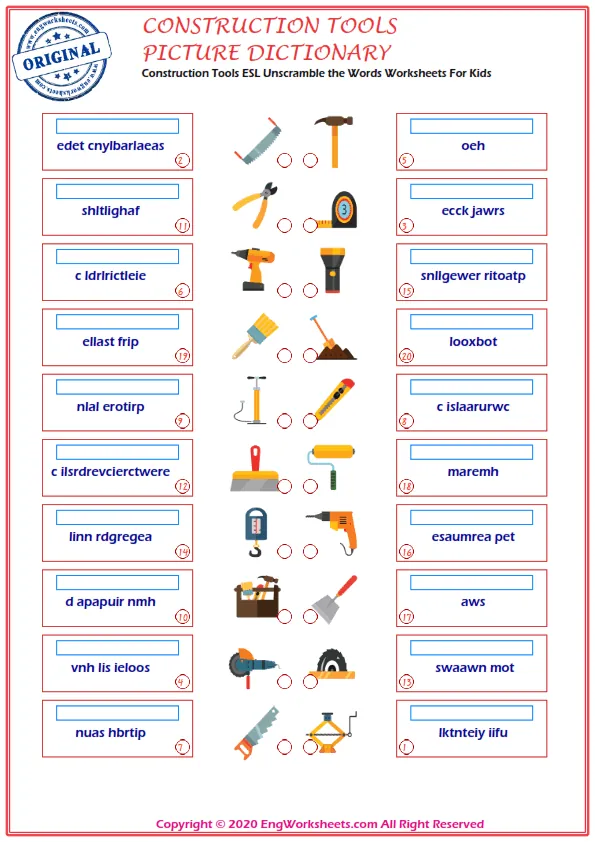 Construction Tools ESL Unscramble the Words Worksheets For Kids Worksheet Preview