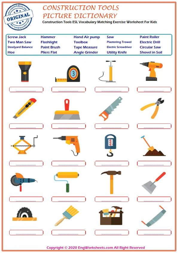 Construction Tools ESL Vocabulary Matching Exercise Worksheet For Kids Worksheet Preview