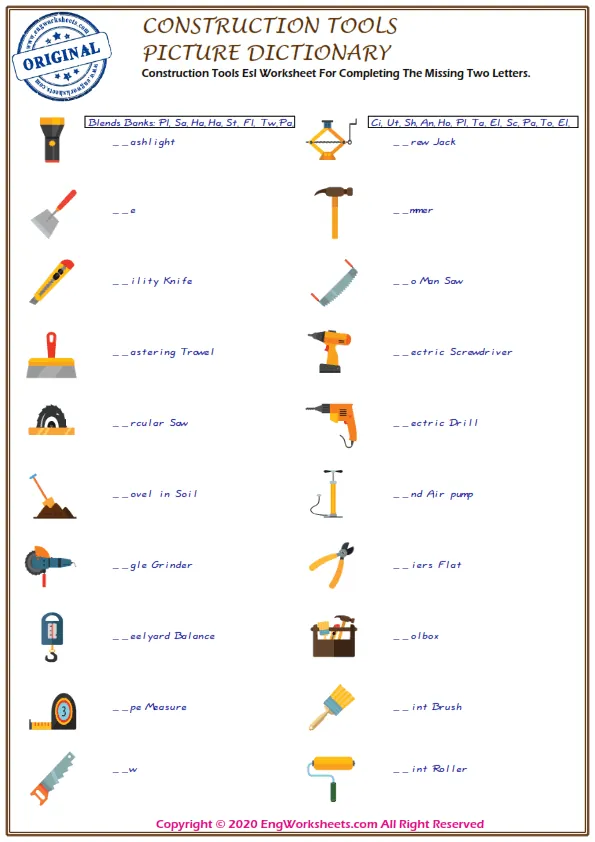 Construction Tools Esl Worksheet For Completing The Missing Two Letters. Worksheet Preview