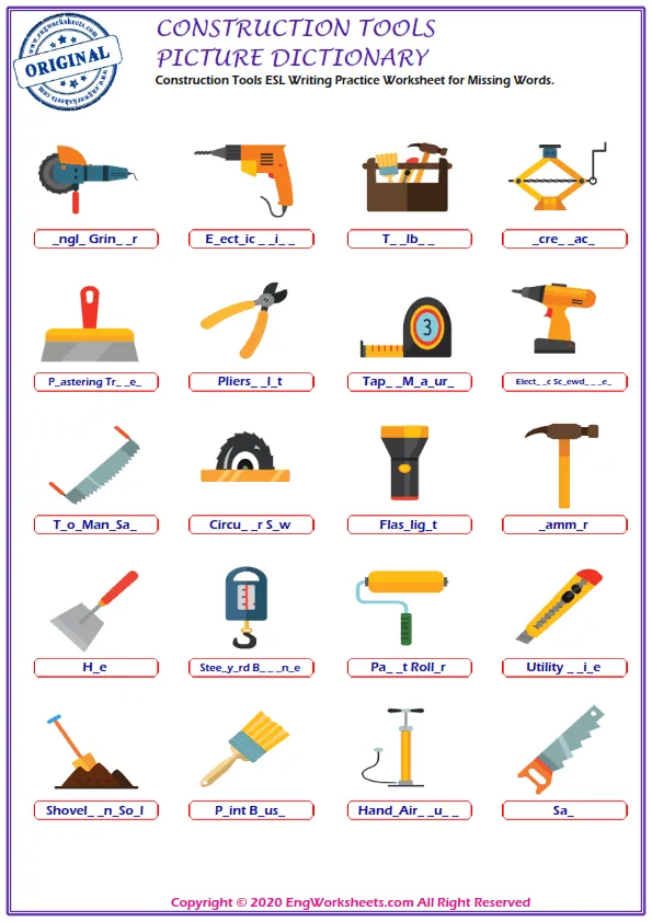 Construction Tools ESL Writing Practice Worksheet for Missing Words. Worksheet Preview