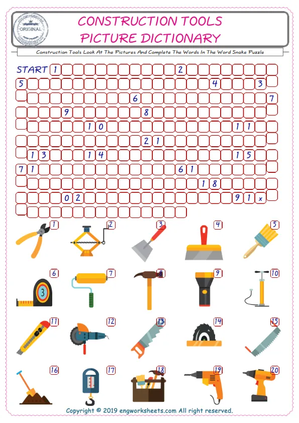 Check the Illustrations of Construction Tools english worksheets for kids, and Supply the Missing Words in the Word Snake Puzzle ESL play. Worksheet Preview