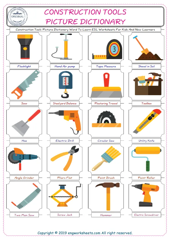 Construction Tools English Worksheet for Kids ESL Printable Picture Dictionary Worksheet Preview