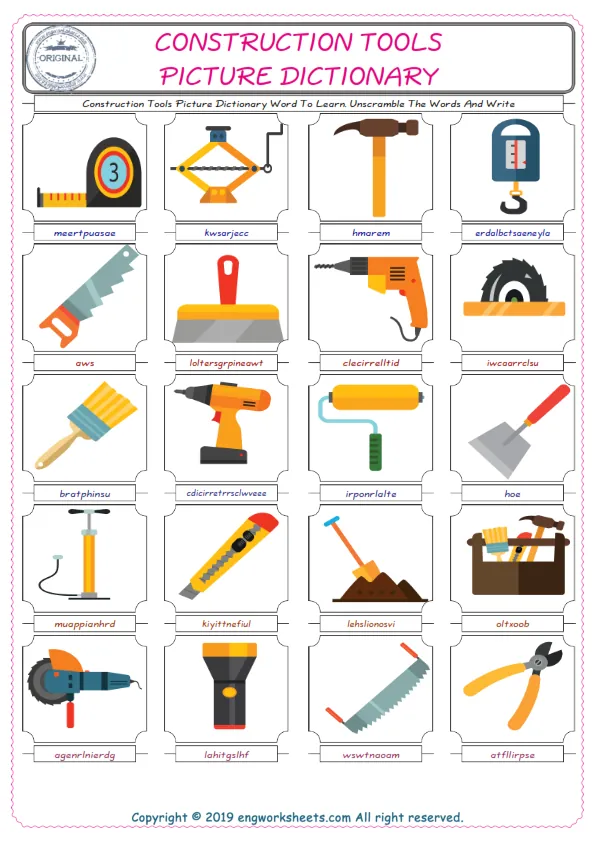 Construction Tools ESL Worksheets For kids, the exercise worksheet of finding the words given complexly and supplying the correct one.