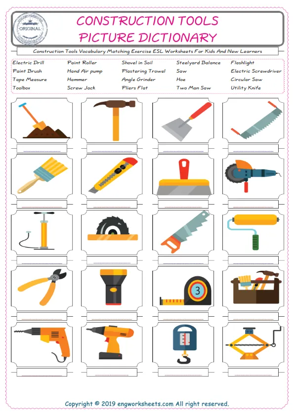 Construction Tools for Kids ESL Word Matching English Exercise Worksheet. Worksheet Preview