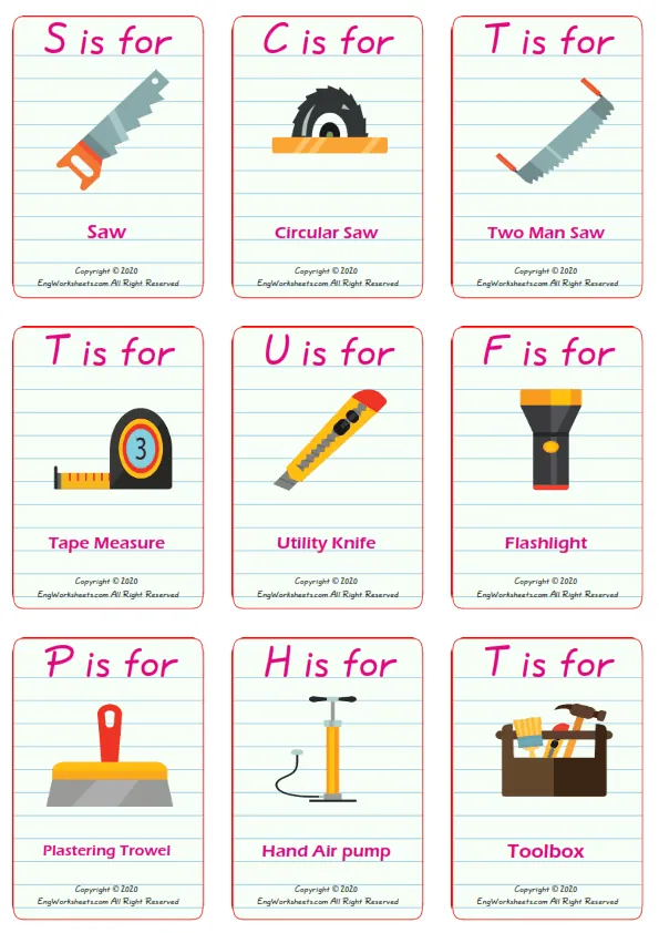 Construction Tools vocabulary worksheet with words, nine images per page Worksheet Preview