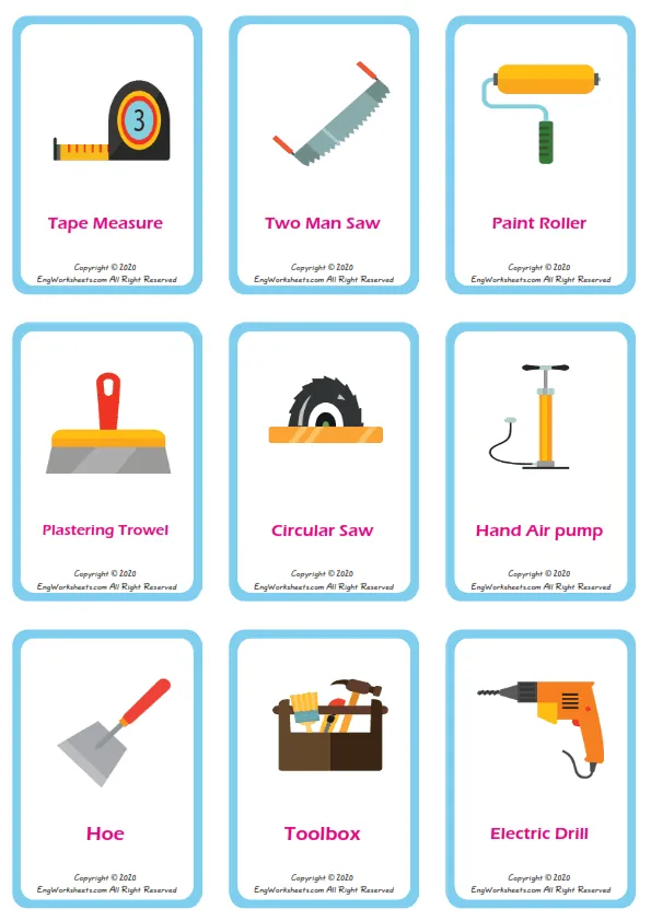 Construction Tools vocabulary worksheet with words, nine images per page Worksheet Preview