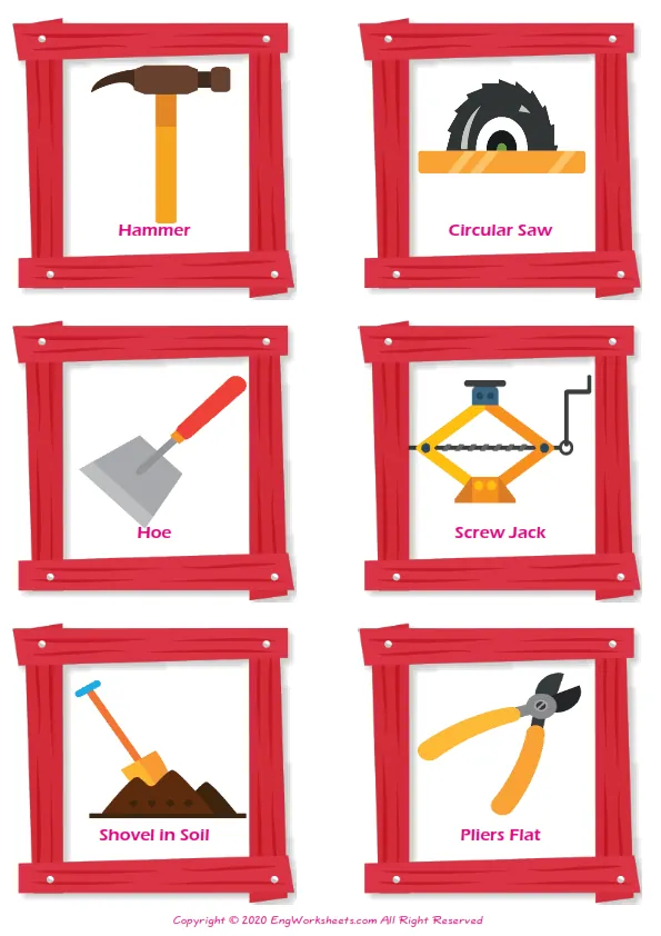 Construction Tools vocabulary worksheet with words, six images per page Worksheet Preview