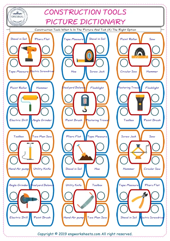 check the picture, mark the correct option amongst the given Construction Tools words English worksheet for kids Worksheet Preview