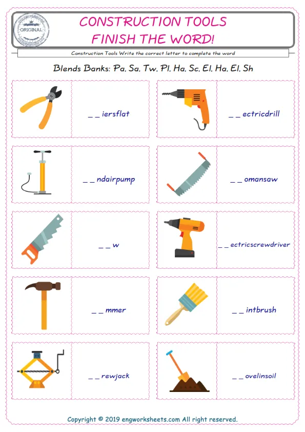 For kids, the Construction Tools English worksheet for supplying into the correct blank place given letters special to the Construction Tools Words. Worksheet Preview