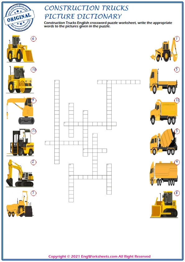 Construction Trucks English crossword puzzle worksheet, write the appropriate words to the pictures given in the puzzle. Worksheet Preview