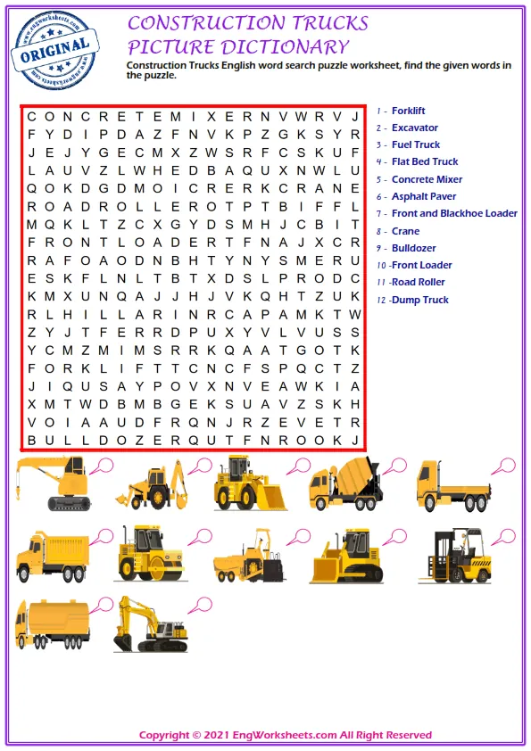 Construction Trucks English word search puzzle worksheet, find the given words in the puzzle. Worksheet Preview