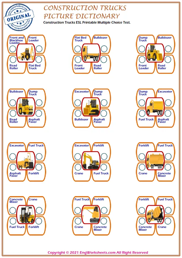 Construction Trucks ESL Printable Multiple Choice Test.