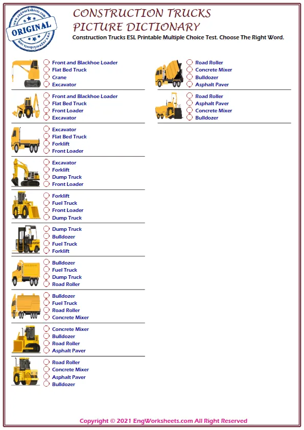 Construction Trucks ESL Printable Multiple Choice Test. Choose The Right Word. Worksheet Preview