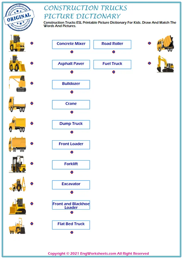 Construction Trucks ESL Printable Picture Dictionary For Kids. Draw And Match The Words And Pictures. Worksheet Preview