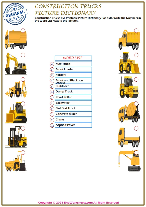 Construction Trucks ESL Printable Picture Dictionary For Kids. Write the Numbers in the Word List Next to the Pictures. Worksheet Preview