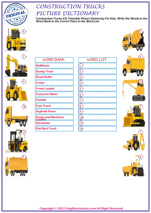Construction Trucks ESL Printable Picture Dictionary For Kids. Write the Words in the Word Bank in the Correct Place in the Word List. Worksheet Preview