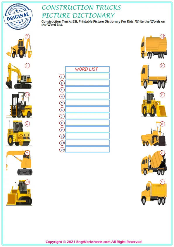Construction Trucks ESL Printable Picture Dictionary For Kids. Write the Words on the Word List. Worksheet Preview