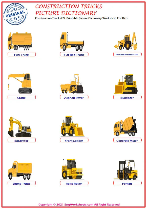 Construction Trucks ESL Printable Picture Dictionary Worksheet For Kids Worksheet Preview