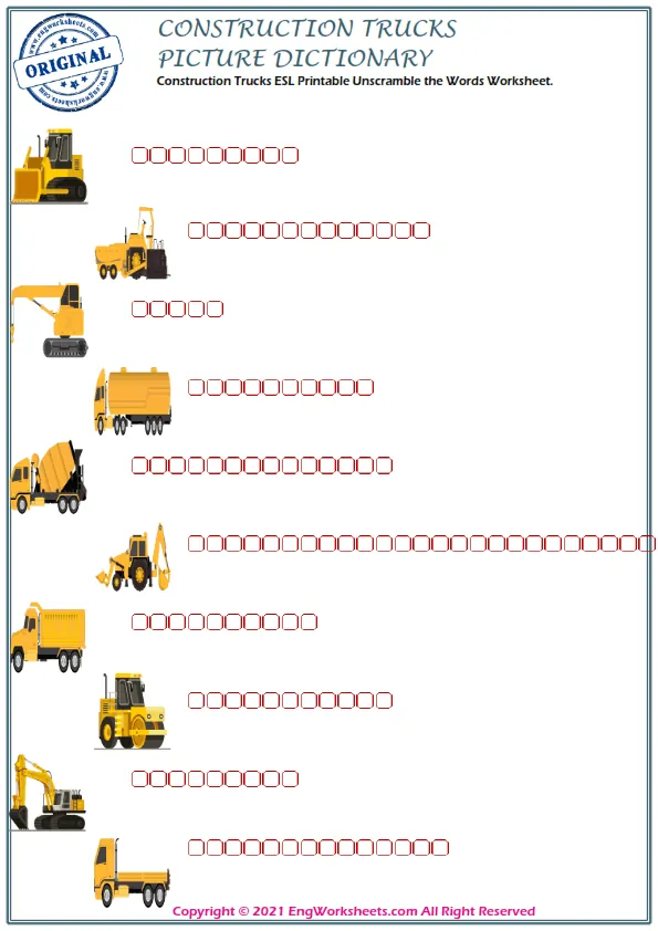 Construction Trucks ESL Printable Unscramble the Words Worksheet. Worksheet Preview