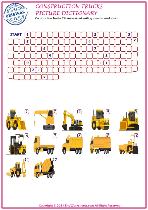 Construction Trucks ESL snake word writing exercise worksheet. Worksheet Preview