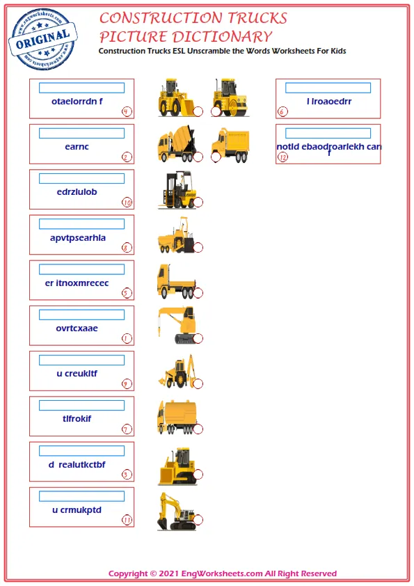 Construction Trucks ESL Unscramble the Words Worksheets For Kids Worksheet Preview