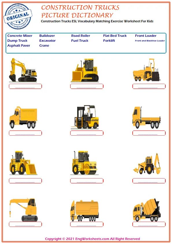 Construction Trucks ESL Vocabulary Matching Exercise Worksheet For Kids Worksheet Preview