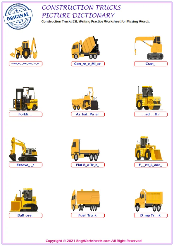 Construction Trucks ESL Writing Practice Worksheet for Missing Words. Worksheet Preview