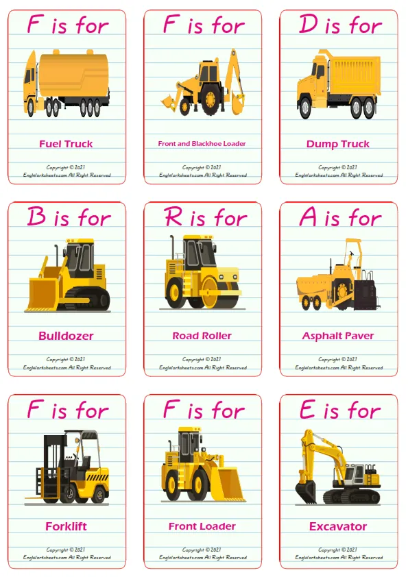 Construction Trucks vocabulary worksheet with words, nine images per page